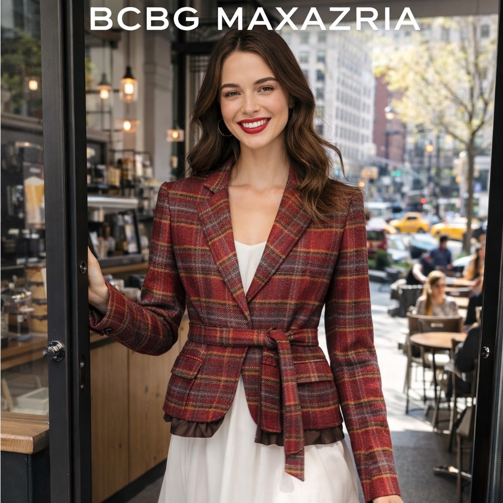 🌸BCBG MAXAZRIA Women's Red Plaid Jacket S preppy old money quiet luxury college